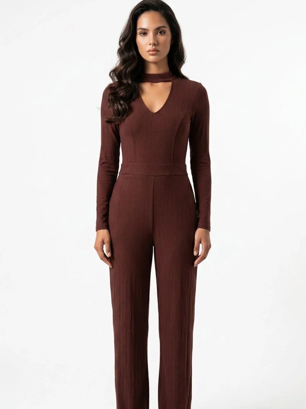 HALARA | NEW Dark Brown Long-Sleeve Jumpsuit Cutout Neck Women’s Size S & XL